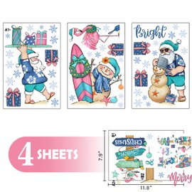 Mfault Merry Beach Christmas Window Clings 4 Sheets, Tropical Xmas Santa Snowman Coastal Stickers Decals Decorations, Hawaii Flamingo New Year 2025 Party Home Kitchen Decor Holiday Gift