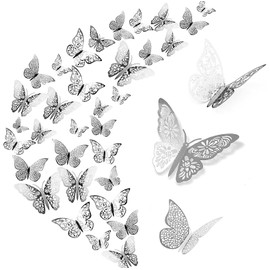 WandSticker4U® 36 3D Butterflies Decoration Silver Metallic I Paper Butterfly for Living Room Children's Room Girls Kitchen Window Furniture Wedding Party Wall Table Decoration Gifts