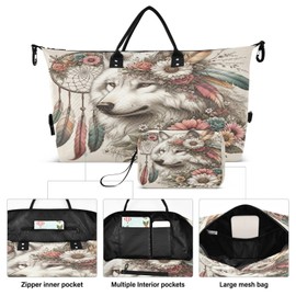 Wolf Travel Duffle Bag Gym Bag, Flower Dreamcatcher Wolf Weekender Bags for Women with Toiletry Bag Travel Tote Bag Swim Bag, Wolf 50, one size