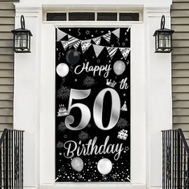 50th Birthday Decorations for Men Women Black Silver Happy 50th Birthday Banner Birthday Backdrop Banner for 50 Years Old Anniversary Birthday Party Photo Prop Booth Background Deco, 180×90cm