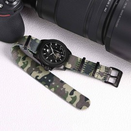BISONSTRAP Nylon Watch Straps for Men, One-Piece Military Watch Bands, 22mm, Camo Green (Black Buckle)