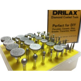Drilax 50 Pieces Professional Quality Diamond Drill Bit Burr Set Grit 120 Seaglass Rocks Ceramics Glass Porcelain Jewelry Making Lapidary Engraving Fits Rotary Tools 1/8 Inch Shank Storage Case 50