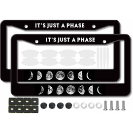 2PCS Black Moon Phase Pattern License Plate Frames for Men Women - Universal Aluminum Stainless Steel Car Tag Covers Holder with Screws, Caps, Rattle Proof Pads and Handlebar Stickers