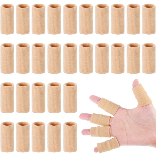 Skylety 30 Pieces Finger Sleeves with 1 Storage Bag, Thumb Splint Brace Support Protector Breathable Elastic Finger Tape for Pain Relief Arthritis Trigger Finger Sports Basketball Baseball (Beige)