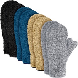 4 Pair Microfiber Dusting Mittens Reusable Women Cleaning Mittens with Thumb for Kitchen (Black, Dark Blue, Khaki, Gray)