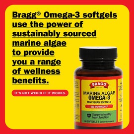 BRAGG Omega-3 Supplement Capsules with DHA and EPA - 60 Vegan Softgels - Sustainably-Sourced Marine Algae - Supports Eye and Brain Health