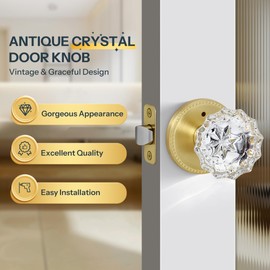 LOQRON Privacy Crystal Door Knob, Gold Vintage Crystal Door Knob with Privacy Lock, Glass Doorknob Interior for Bathroom, Bedroom, Satin Brass