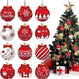 12Pcs Christmas Tree Decorations Red Christmas Ball Ornaments Xmas Hanging Wooden Ornaments Snowflakes Reindeer Designs Merry Christmas Decorations for Winter Holiday Party Decor