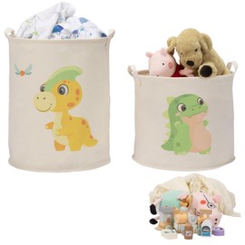 Navaris Green Dinosaur Toy Storage Baskets, Set of 2 - Collapsible Toys & Laundry Kids Hamper - Round Washing Basket Ideal for Baby Nursery and Bedroom - Hampers For Boys and Girls
