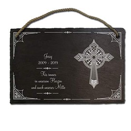 Printed Slate Plaque Grave Plate with Cross Memorial Stone Grave Stone Approx. 20 x 30 cm engraved with your desired text and name, also possible as a bell sign, door sign, motif A