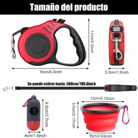 Correa Retráctil para Perros, Mascotas Retráctil para Perro, 5M Correa Automática para Perros con Cuenco Plegable, Dispensador Y Bolsas De Basura para Perros De hasta 55 Libras, Rojo