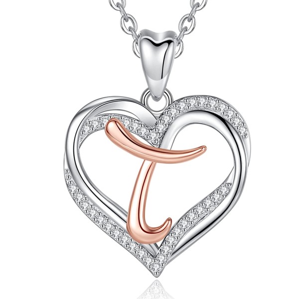 INFUSEU Heart Necklace with Initial T Letter Jewelry Cubic Zirconia