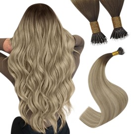 YoungSee Nano Hair Extensions Real Human Hair Balayage Nano Beads Hair Extensions Human Hair Dark Brown Ombre Light Brown with Blonde Nano Ring Human Hair Extensions Ombre Cold Fusions 16inch 1g/s 50g