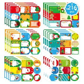 216PCS Christmas Gift Tags, Self Adhesive Christmas Name Tags Stickers for Christmas Presents, Christmas Gift Labels Stickers with Santa Snowmen Xmas Holiday Decorative Tags for Bags Cards Envelope