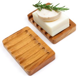 2 Pack Self Draining Teak Wood Soap Dish Holder,Teak Soap Dish for Bathroom,Shower,Kitchen Sponges,Soap Saver Tray with Non Slip Base,Extend Soap Life