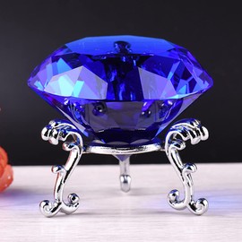 60MM(2.36") Crystal Diamond Paperweight with Metal Base Stand, Diamond Shaped Crystal Jewel Paperweight Glass Gem Centerpieces Decoration for Home Office Wedding (Blue w/Metal Stand)