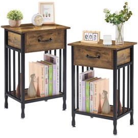 VECELO Nightstands, Industrial Side Table/End Tables with Drawer and Storage Shelf, Night Stands for Bedroom, Living Room, Wood Metal Furniture, Easy Assembly