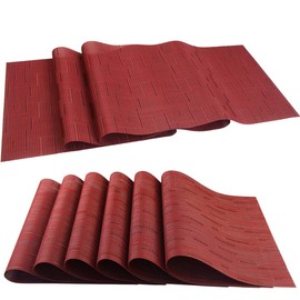 PIGCHCY Elegant Placemats with Matching Table Runner,Washable Durable Placemats Crosswoven Vinyl Table mats Sets(6pcs Placemats+1pcs Table Runner,Same Style,Burgundy Red)