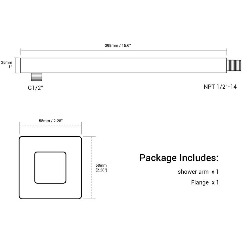 Square Shower Arm with Flange 16 Inch Wall Mounted Rainfall
