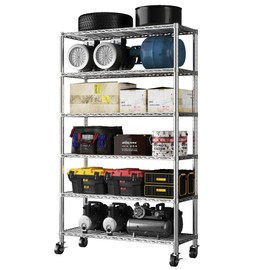 EZPEAKS 6-Tier Chrome Heavy Duty Storage Shelves, 48" W X 18" D X 72" H NSF Certified Steel Wire Shelving Unit with 4" Wheels and Adjustable Feet, for Office, Pantry, Kitchen, Garage, Bakers Rack