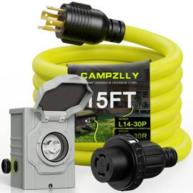 Campzlly 30 Amp Generator Cord 15FT and Power Inlet Box, NEMA L14-30P/L14-30R 125/250V Twist Lock Connector with Pre-Drilled NEMA L14-30P Generator Inlet Box for Generator to House, ETL Listed