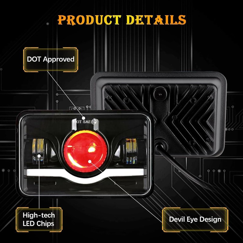 zoomto 2PCS 4x6 LED Headlights with Red Evil Eye Rectangular