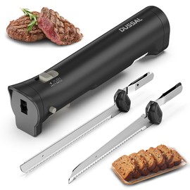 DUSSAL Cordless Electric Knife, Electric Bread Knife with 4 Stainless Steel Blades, Safety Lock Switch, Blade Release Buttons, On/Off button, Cutting Meats, Fish, Poultry, Bread, Cheese & More (Black)