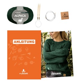myboshi Ontario Raglan Sweater Knitting Set for Beginners Including Alpaca Wool, Needle and Instructions, Label, Knitting Pack, 10% Alpaca, 25% Virgin Wool Emerald with Circular Knitting Needle