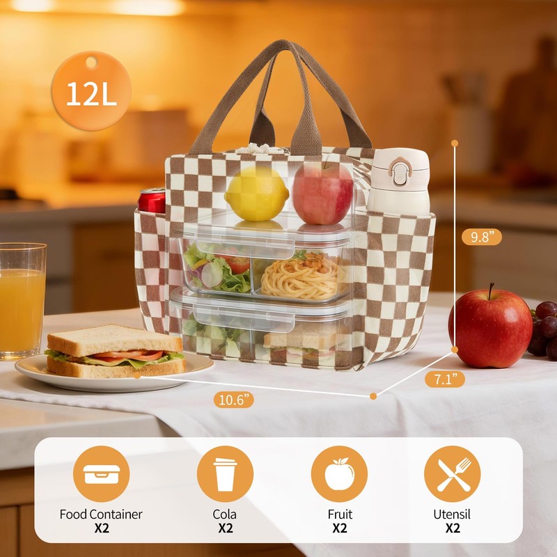 Lunch Box for Women Checkered,Cute Lunch Bag Insulated Adult,Leakproof Corduroy