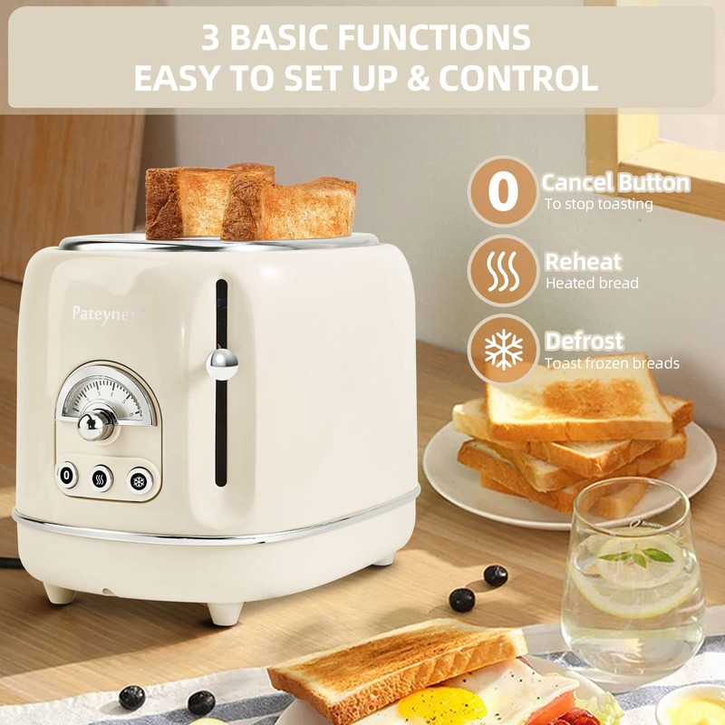 Pateyney Retro Stainless Steel Toaster - 2 Slice, Extra-Wide Slot,