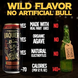 Thirsty Vaquero, Mango Habanero Flavored soda (Mango Muerte), Mexican-inspired soda, Real Fruit Juice & Savory Spices, Made with Organic Agave, Low Calorie, Natural Juice, 16 oz Cans, 12-Pack