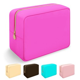 Iqimott Hot Pink Makeup Bag Nylon Large Makeup Bag for Travel, Preppy Big Cosmetic Bag Makeup Pouch Large Capacity Toiletry Bag, Waterproof Large Zipper Pouch Storage Bag for Women Girls Teens