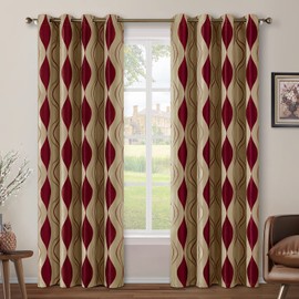 HOMEIDEAS Wave Room Darkening Curtains 52 X 84 Inch Length Burgundy and Beige Set of 2 Panels Bedroom Jacquard Grommet Window Drapes for Living Room