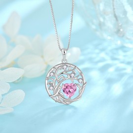 FJ Tree of Life Necklace Women's 925 Sterling Silver Tree of Life Necklace Pendant Birthstone Jewellery Gifts for Women, Cubic Zirconia, Tourmaline