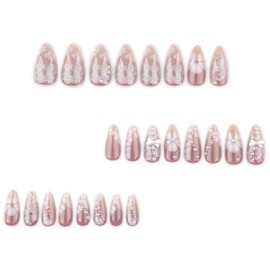 Medium Press on Nails Almond Fake Nails with 5D Pearl Flower Charm Design Lace Bow Nails Press Ons Glossy Full Cover Pink Glue on Nails Cute Summer Stick on Nails for Women Manicure 24Pcs