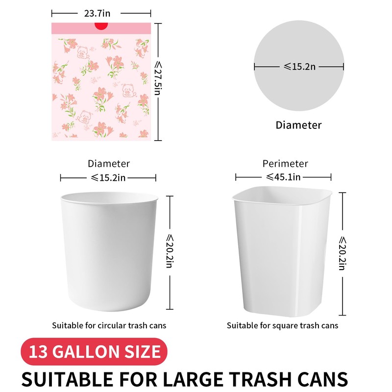 13 Gallon Trash Bags with Lily Printed & Drawstring, Tear-Resistant