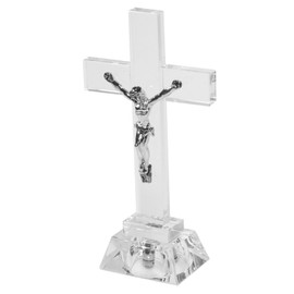 IMIKEYA Crystal Standing Cross Decor Jesus Crucifix Cross Statue Praying Religious Figurine Glass Holy Cross Jesus Ornament Catholic Display Tabletop Home Decor