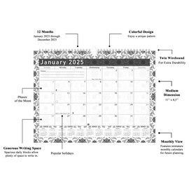 2025 Monthly Spiral-Bound Wall/Desk Calendar - 12 Months Desktop/Wall Blotter Calendar/Planner - Black&White - (Edition #014)