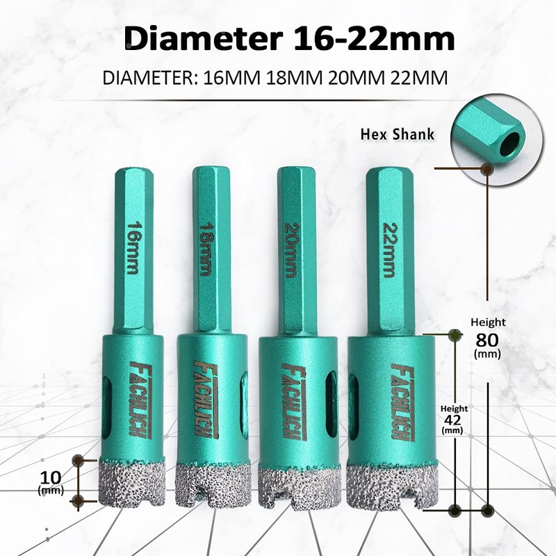 FACHLICH Diamond Core Drill Bit Set 6/8/10/25/35/50mm Porcelain Tile Drill
