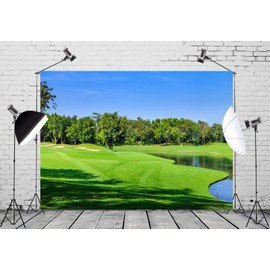 Loccor Fabric 7x5ft Golf Course Backdrop Lake Forest Trees Lawn Bunker Photography Background Golf Birthday Party Decorations Sports Holiday Vacation Banner for Adults Photo Shoot Props