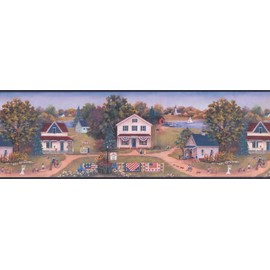 Retro American Village Flags Lake Patriotic Wallpaper Border Retro Design, Roll 15' x 8''