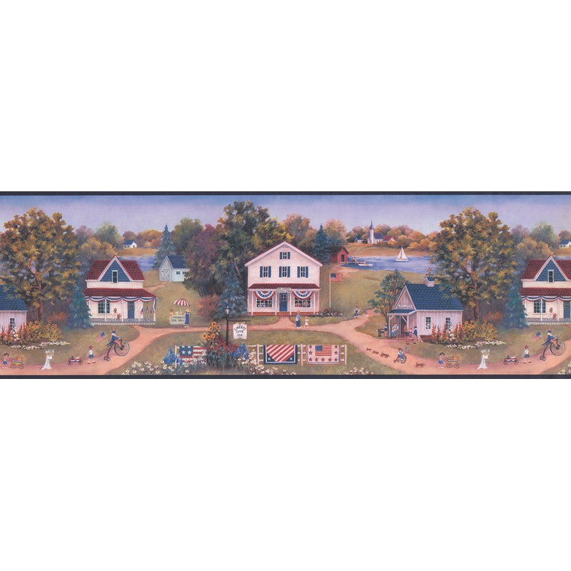 Retro American Village Flags Lake Patriotic Wallpaper Border Retro Design,