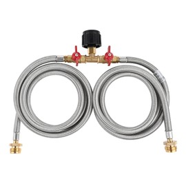DRELD 5 FT Propane 2 Way Splitter Adapter Stainless Braided Y Hose 1 lb to 20 lb Converter with Shut Off Valve, Propane Hose Adapter 1lb to QCC1 5-40lb Tank, for Camping Stove, Gas Grill