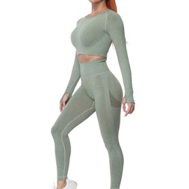 JOJOANS Gym Sets for Women 2 Piece Seamless Tracksuit Workout Yoga Outfit Loungewear Long Sleeve Crop Top High Waist Leggings(Green, S)