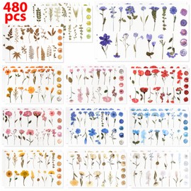 NESSCCI Pressed Flower Themed Stickers (Assorted 480 Pieces,24 Sheets) Scrapbook Supplies,Stickers for Journaling,Dried Floral Resin Stickers,Scrapbook Stickers,Junk Journal Stickers,Laptop Stickers