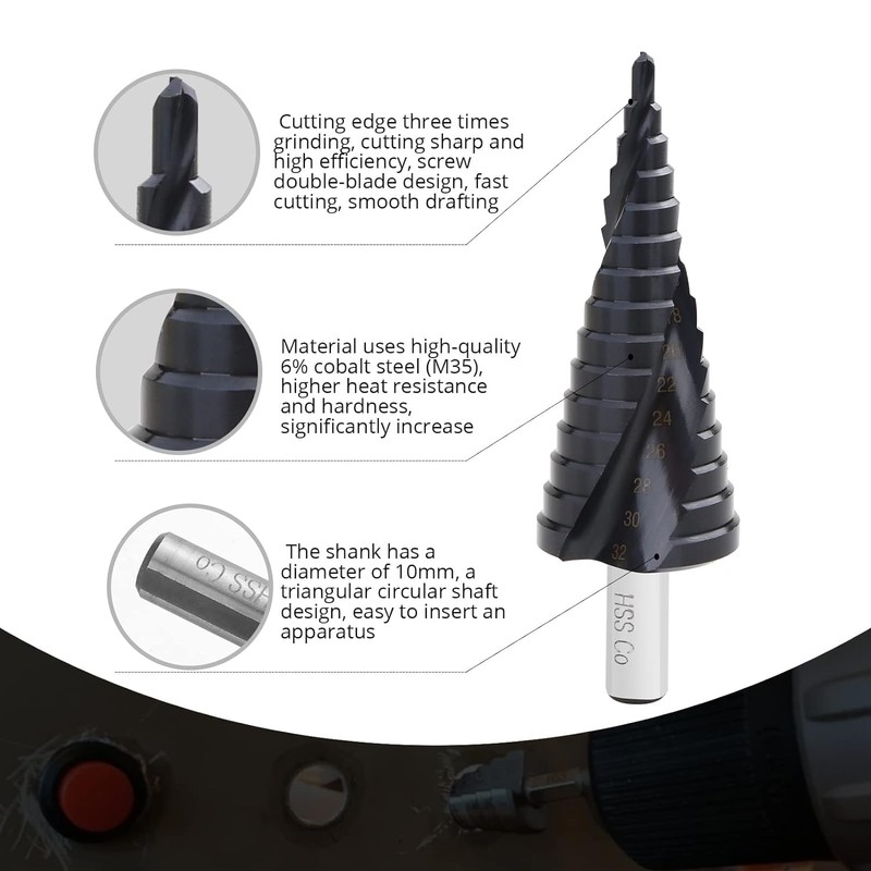 Cottssog Four Spiral Flute Cobalt Step Drill Bit 4-12MM