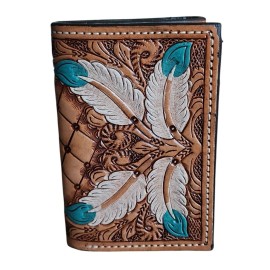 Ranger Belt Company Natural Leather Tri-fold Wallet Floral Feathers Tooled by Ranger Belt Company