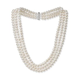 Sterling Silver 6.5-7mm Freshwater Cultured Pearl 3-Row Necklace 18 Inches Long (Choose Your Color)