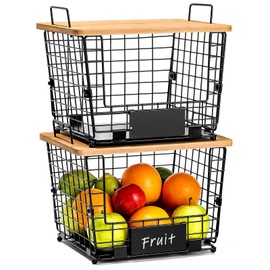 2 Set Stackable Wire Basket with Bamboo Top, Kitchen Counter, Pantry Organizer and Storage, Produce Onion Potato Fruits Vegs Bread Food Snack Spice Organizing Bin for Cabinet Shelf Countertop Floor, L
