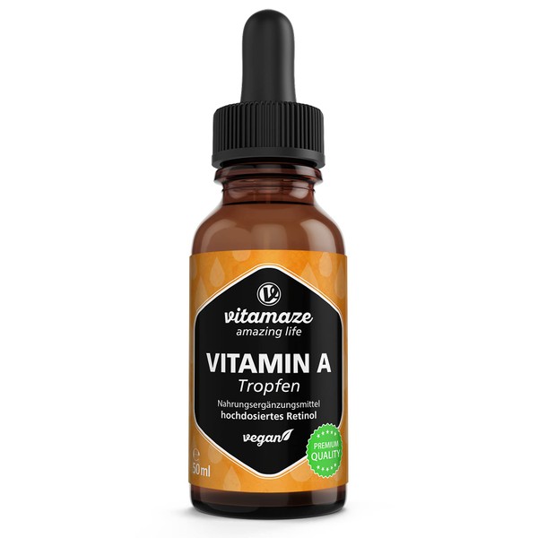 Vitamin A Drops 5000 IU High Strength per Daily Dose, Retinol Liquid & Vegan, 50 ml (1700 Drops), Natural Food Supplement Without Additives, High Bioavailability
